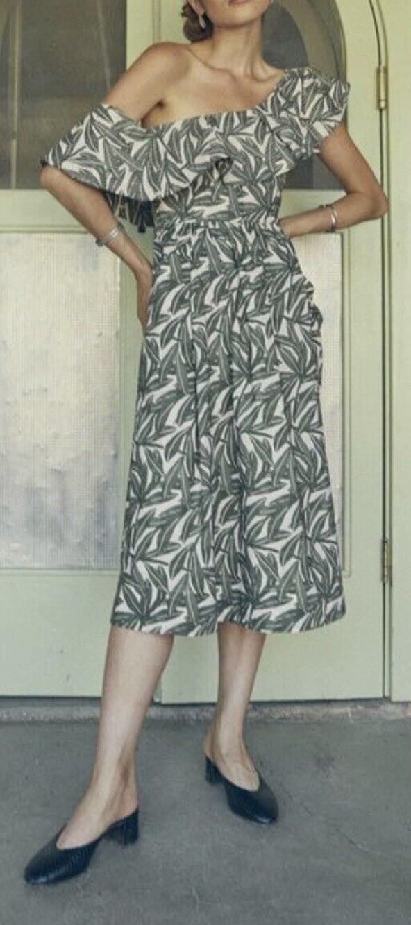 Whit NY Sophie Midi Dress Womens 8 Green Leaf Print Poplin Ruffled One Shoulder